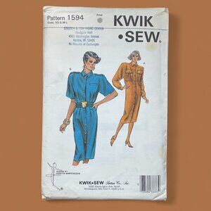 Kwik Sew Shirt Dress Sewing Pattern 1594 Sz XS - Large Uncut FF 1986